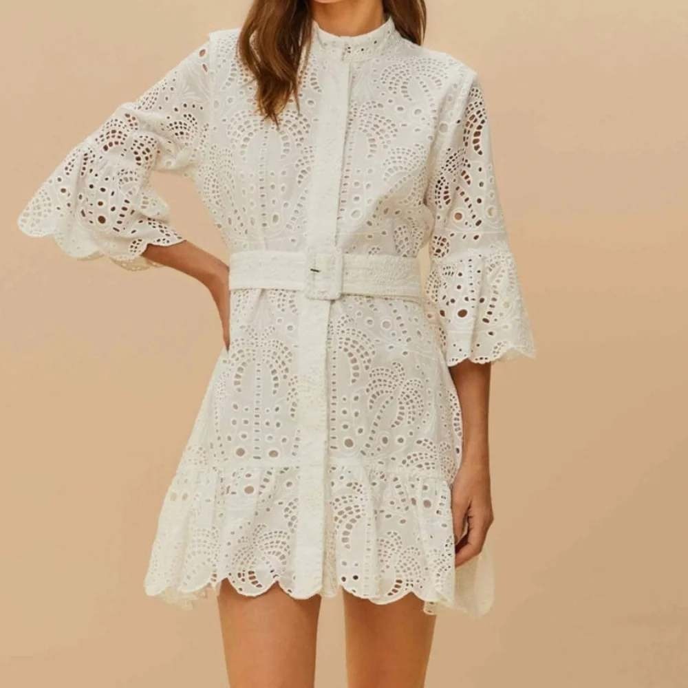 Farm Rio White Richelieu Eyelet Belted Mini Dress XS Embroidered Boho Ruffle - Picture 3 of 12